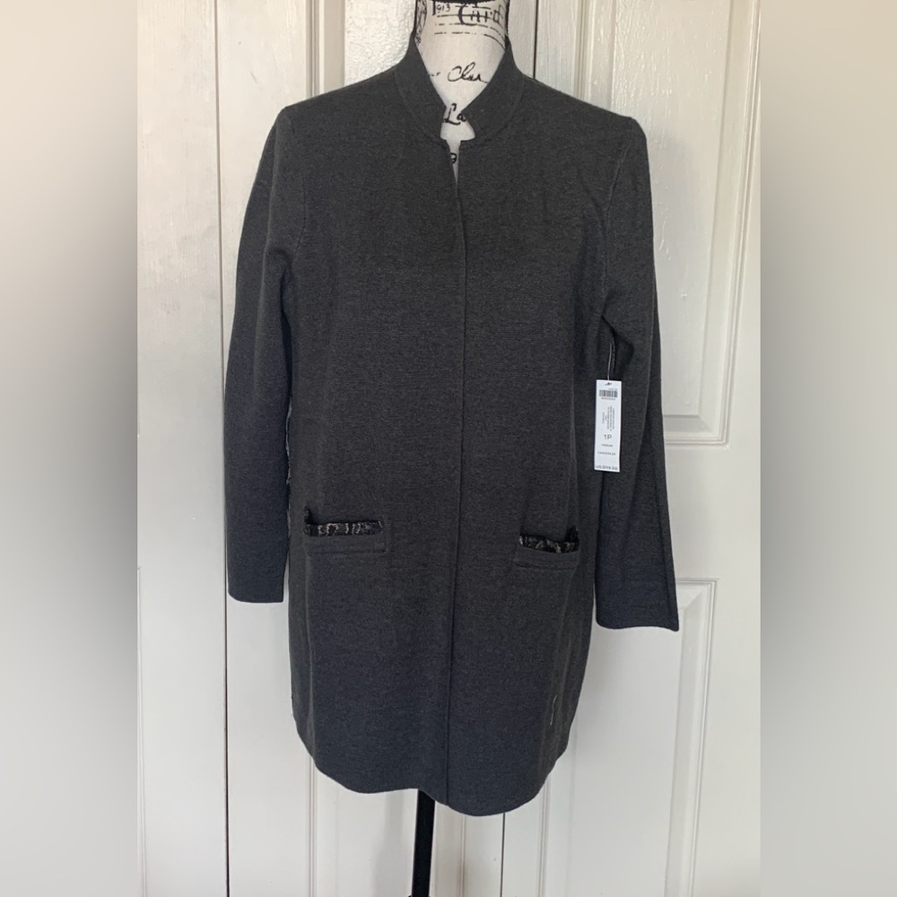 Chico’s Gray Open Front Cardigan with Metallic Animal Print Back - Picture 2 of 10